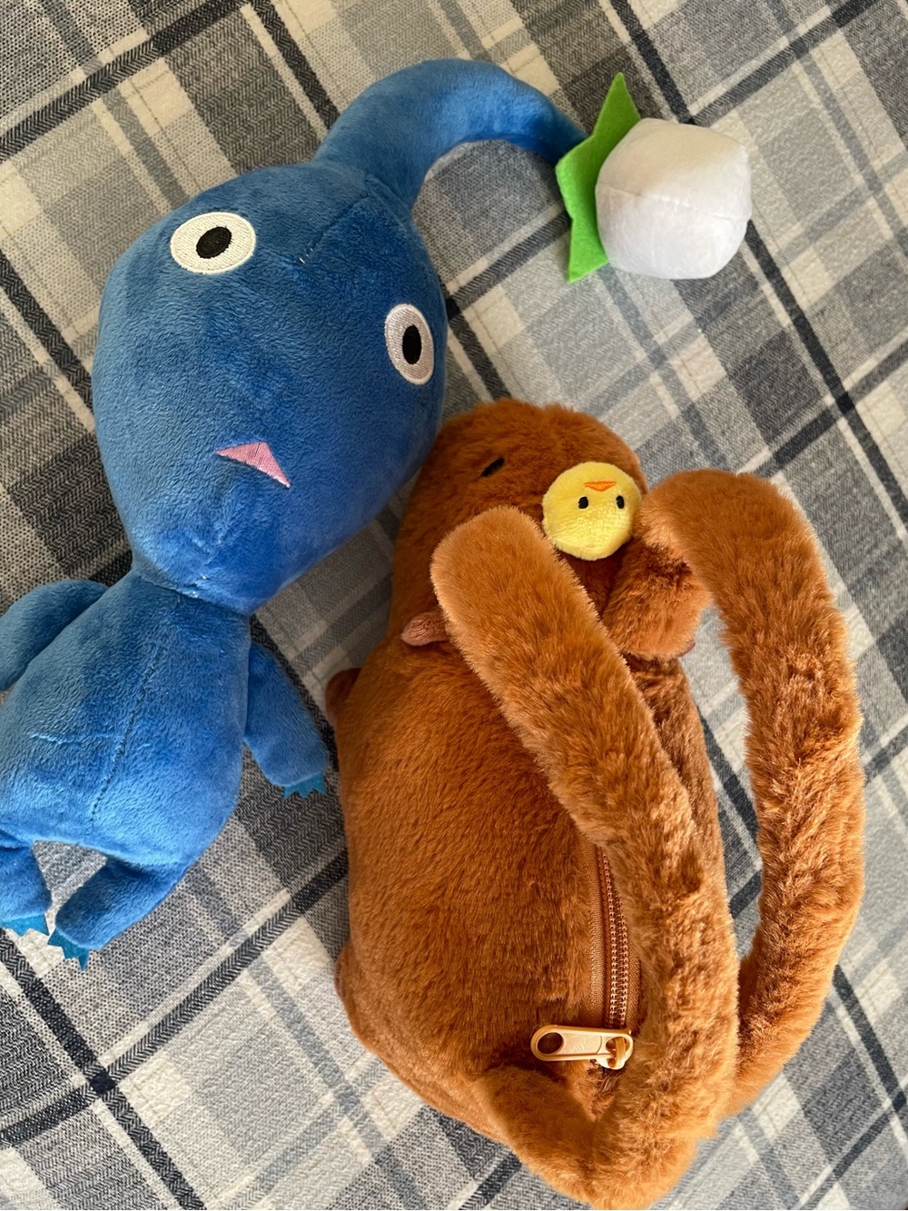 Plush Brown Small Pets Carry Pouch with Cute Chick Accent and blue soft toy